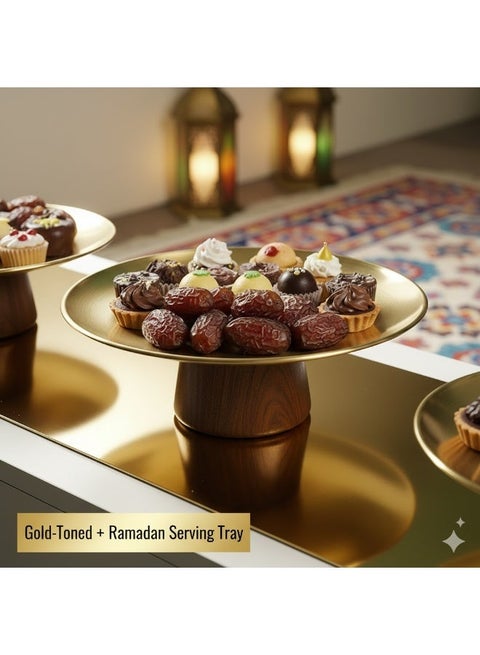 علبة حزب الفولاذ المقاوم للصدأ من الذهب مع قاعدة الخشب الصلب - طبق رمضان / الزفاف للفواكه / الكعك / التمر ، مركزية الديكور